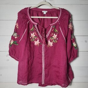 Sundance Top Magenta Floral Embroidered BOHO Tassle Tie Blouse